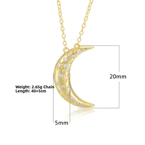 Detail of s925 silver moon pendant with sparkling zircon stars and 40cm cross chain