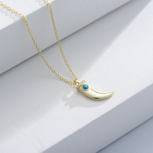 925 Sterling Silver Crescent Moon Horn Pendant Necklace With Turquoise And Rhinestone Inlay Minimalist Thin Chain For Women