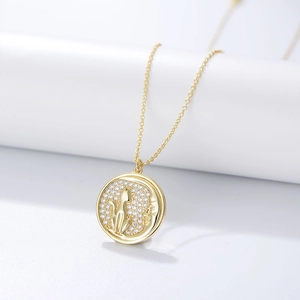Cat Moon Pendant Necklace 925 Sterling Silver Micro Pave Cubic Zirconia Round Coin Retro Jewelry For Women