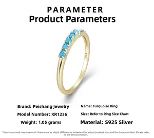 Vue détaillée de la bague en argent S925 avec cinq turquoises et marquage de poids 1,05g