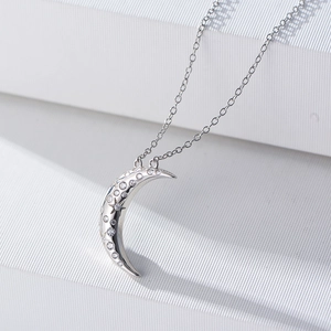 Minimalist S925 sterling silver moon pendant necklace with sparkling zircon stones