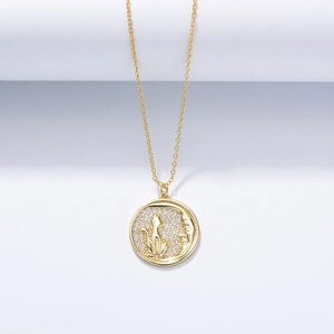S925 silver kitten and crescent moon pendant necklace with micro-pave cubic zirconia