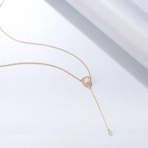 Élégant collier en Y argent s925 avec pendentif goutte et franges en quartz rose