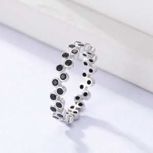S925 silver wave ring with black zircon stones in a minimalist stacking design