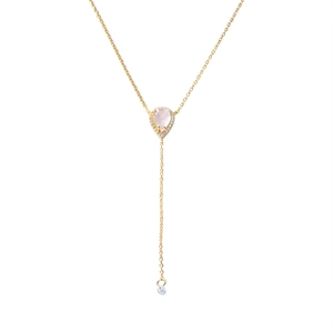 Élégant collier en Y en argent S925 doré avec quartz rose poire et détail de pampille