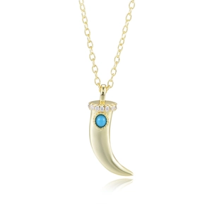 Golden crescent horn necklace with turquoise stone and zircon inlay on white background