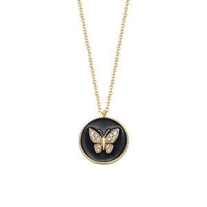 S925 Sterling Silver Circle Butterfly Necklace with Black Enamel and Zircon Inlays