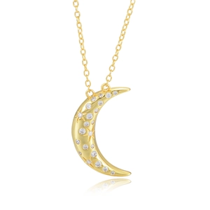 Golden S925 silver crescent moon pendant necklace with sparkling inlaid zircons