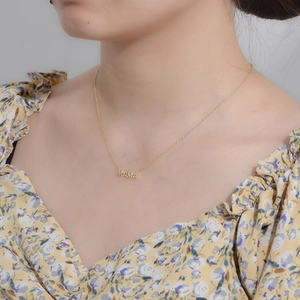 Minimalist s925 silver 14K gold plated MAMA letter necklace worn on woman's neckline