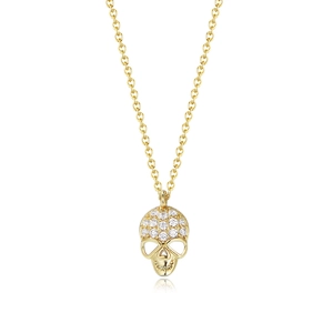Iced out skull pendant necklace in gold finish with sparkling crystals and silver chain
