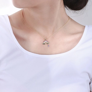 S925 silver rainbow pendant necklace with colorful zircon stones and purple droplet gem