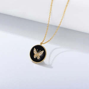 925 Sterling Silver Butterfly Pendant Necklace For Women Black Enamel Round Charm Rhinestone Inlaid Clavicle Chain Jewelry Gift