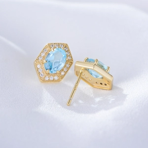 Minimalist geometric S925 silver stud earrings with blue topaz and pavé stones