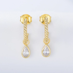 Classic S925 sterling silver gold C-shaped hoop earrings with pear-shaped zircon drops