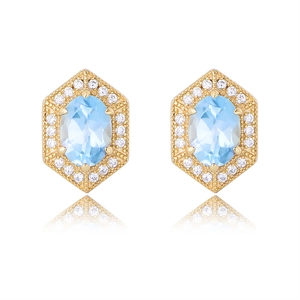 Hexagon geometric silver earrings with blue topaz center stone and zircon halo