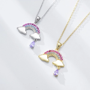 Elegant S925 sterling silver rainbow necklace with colorful zircons and cloud pendant