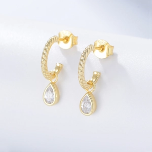 Elegant 925 Sterling Silver Twisted Hoop Earrings For Women Gold Plated Waterdrop Rhinestone Dangle Earrings Jewelry Gift