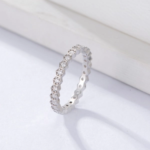 S925 sterling silver hexagonal stackable ring with round cubic zirconia pavé setting