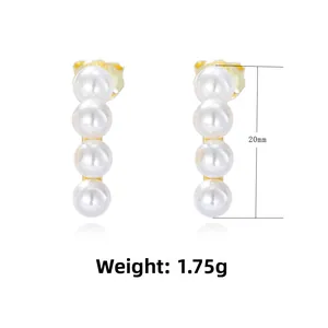 Detail showing height of 20mm and 1.75g weight for four-pearl golden drop earrings