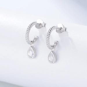 Classic S925 sterling silver C-shaped twisted hoop earrings with pear cut zircon drops