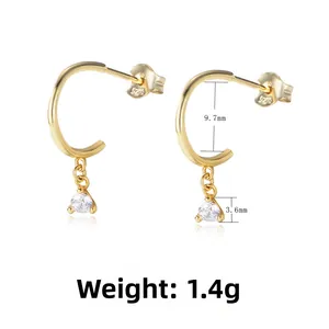Detailed close-up of S925 sterling silver gold C-hoop earrings with 3.6mm zircon pendant