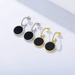 Boucles d'oreilles rondes en onyx noir vintage en argent 925 plaqué or et argent
