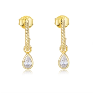 Detail of gold-plated S925 silver twist hoop earrings with teardrop cubic zirconia