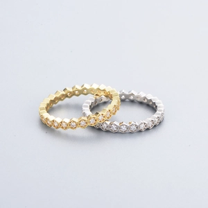 S925 sterling silver hexagon honeycomb rings with sparkling zircons set in a stackable pair