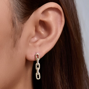 Chic S925 silver gold chain drop earrings featuring asymmetric pavé zirconia accents