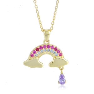 Golden s925 silver necklace with rainbow pavé pendant and purple pear-cut stone