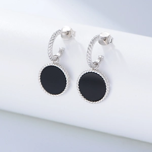 Boucles d'oreilles rétro en argent S925 avec agate noire et bordure en corde torsadée