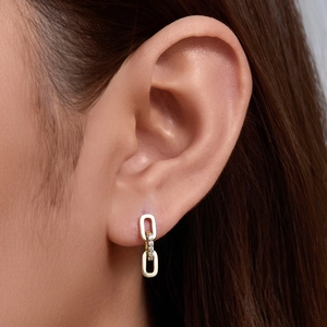 Macro shot of gold-plated chain link earrings featuring micro-paved cubic zirconia accents