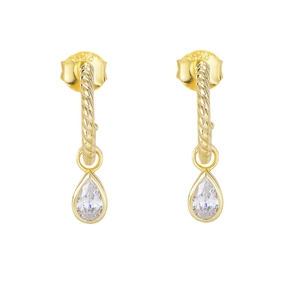Elegant gold S925 sterling silver C-shaped earrings with teardrop zircon and rope texture