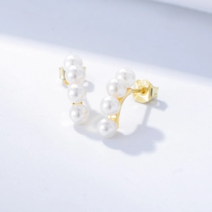Elegant gold plated S925 silver stud earrings with four vertically aligned white pearls