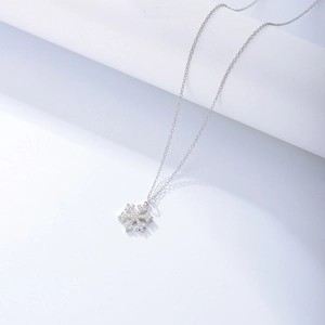 Macro view of sterling silver snowflake pendant necklace with sparkling cubic zirconia