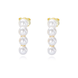 Macro detail of vertical four-pearl sterling silver earrings with golden settings and reflections