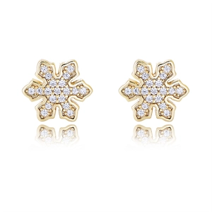 Macro detail of gold S925 silver snowflake stud earrings with sparkling zircon crystals