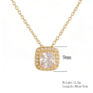 Macro detail of 9mm square zircon pendant with dimensions and 45cm gold chain specs