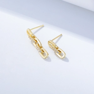 Minimalist S925 silver chain drop earrings with gold plating and zircon inlay for women