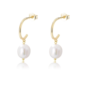 Boucles d'oreilles créoles C en argent S925 doré avec perles d'eau douce blanches