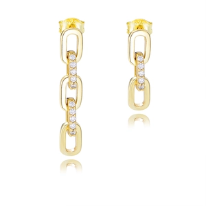 Detailed view of S925 silver mark on gold asymmetric chain earrings with zircons