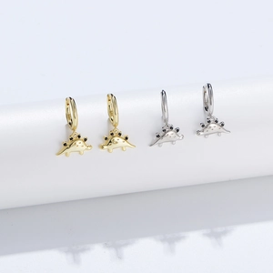 Cute 925 Sterling Silver Dinosaur Hoop Earrings For Women Gold Plated Animal Pendant Rhinestone Charm Small Fresh Earrings Jewelry