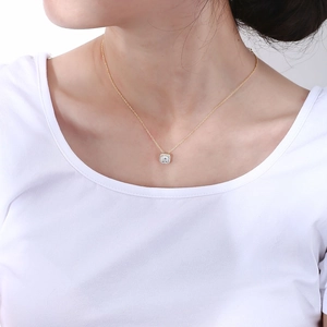 Minimalist S925 sterling silver necklace with square zircon halo pendant on gold chain