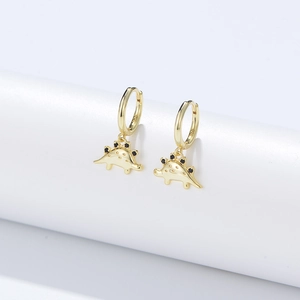 Chic S925 sterling silver dinosaur drop earrings with black zircon accents in gold finish