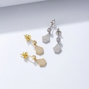 Polished S925 silver geometric pentagon stud earrings with micro-set cubic zirconia stones