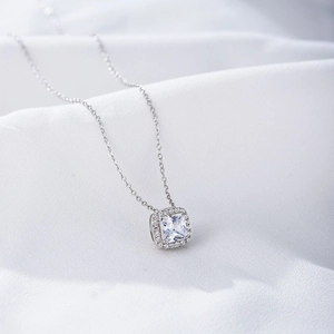 Elegant S925 sterling silver necklace featuring a square zircon halo pendant on a fine chain
