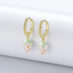 Boucles d'Oreilles Créoles en Argent Sterling S925 Fraise Rose Émail pour Femme Boucles d'Oreilles Fruits Strass Bijoux