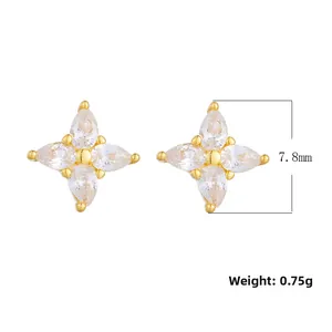 Detail view of four-leaf clover zircon stud earrings showing 7.8mm size and 0.75g weight