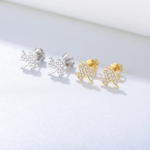 Sparkling S925 sterling silver leaf stud earrings with pavé zircons in gold and silver