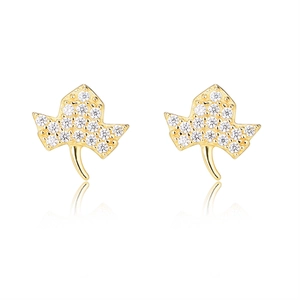 Elegant gold leaf stud earrings with sparkling white crystals on a white background
